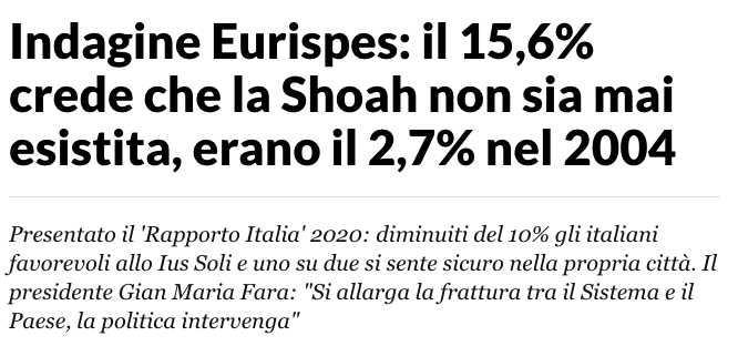 Indagine EURISPES cresce sfiducia nella Shoah