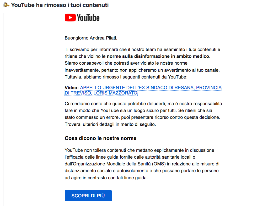 Messaggio Youtube censura Mazzorato