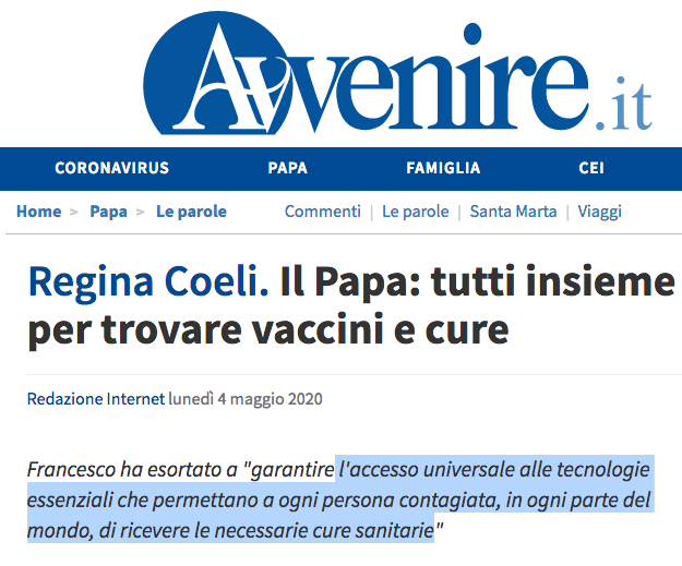 Avvenire e papa pro vaccino covid