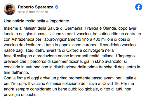 Speranza e 400milioni dosi di vaccino